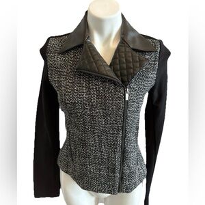 Amanda+Chelsea Womans Moto Jacket Tweed Blazer Size 4 Black White Asymmetrical